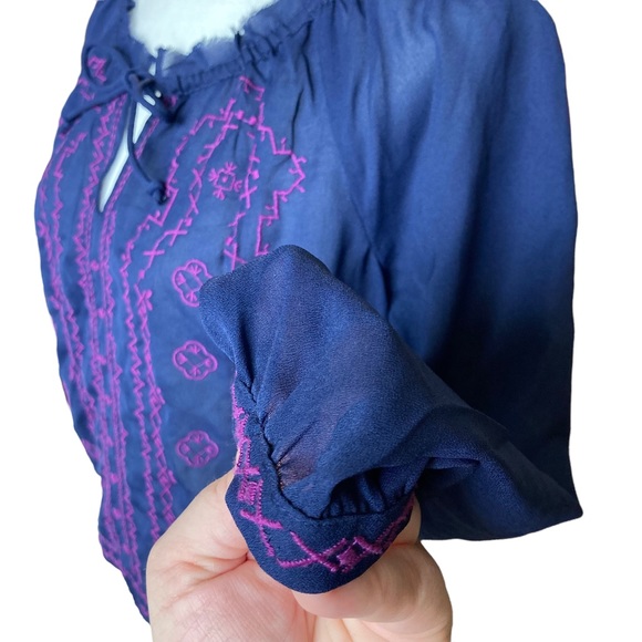 American Eagle long sleeve navy sheer blouse top with purple embroidery-Sz S - Picture 3 of 13